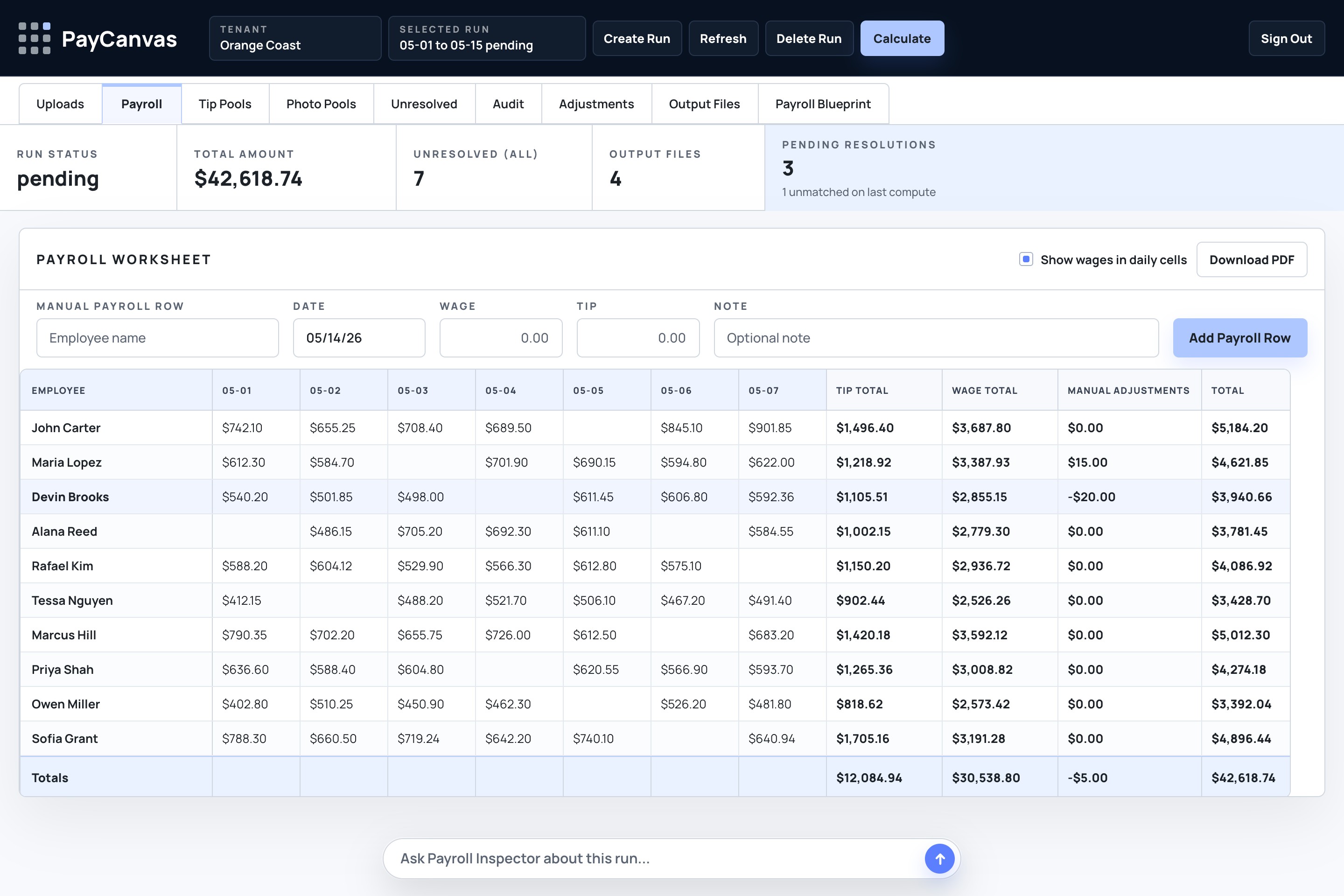 Synthetic Orange Coast Watersports payroll worksheet showing employee rows, daily pay cells, tip totals, wage totals, manual adjustments, and payroll totals.
